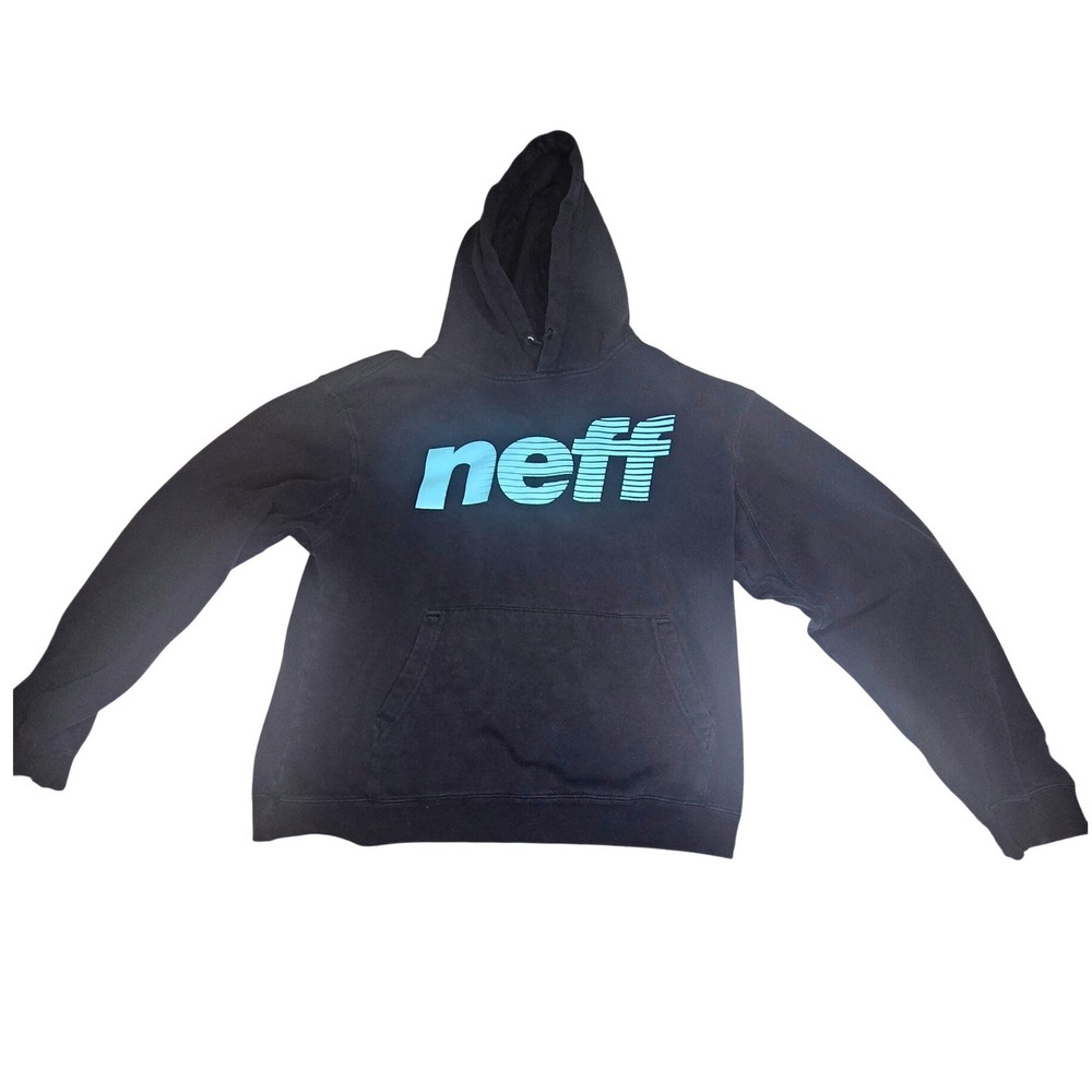Neff Mens Hoodie Black Teal Logo Graphic Pullover Sweatshirt Size M